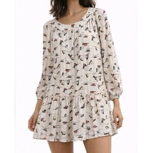 Bird Print Drop Waist Mini Dress Cottagecore Boho Romantic Balloon Sleeve Small